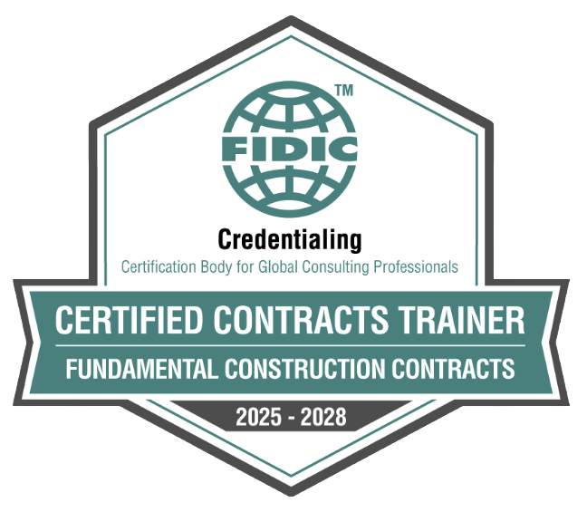 Badge that reads 'FIDI Credentialing, Certification Body for Global Consulting Professionals, Certified Contracts Trainer, Fundamental Construction Contracts, 2025-2028' with a globe logo above the text.