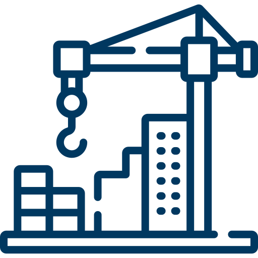 Line drawing of a construction crane lifting materials near a partially built skyscraper with other buildings in the background.