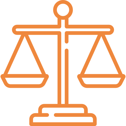Outline of a balanced scale or weighing scale in orange.