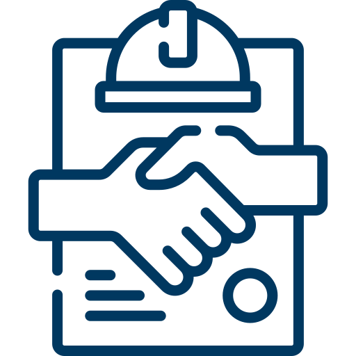 Outline icon of a handshake with a construction helmet in the background.