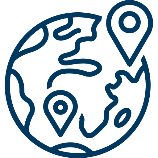 Outline of the Earth with two location pins marked on different continents.