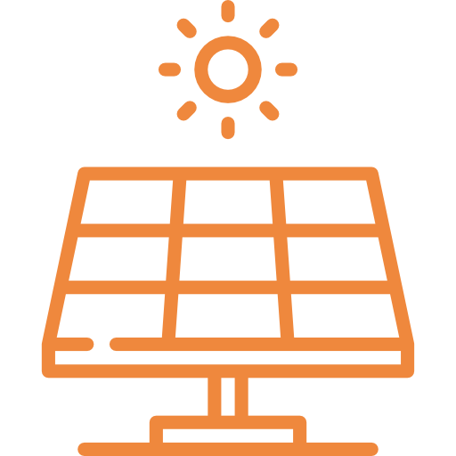 Outline illustration of a solar panel with the sun shining above it.