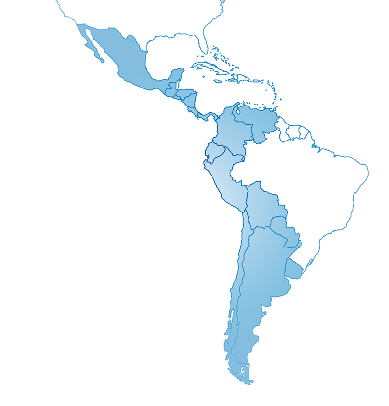 Map of South America with country borders highlighted in different shades of blue.