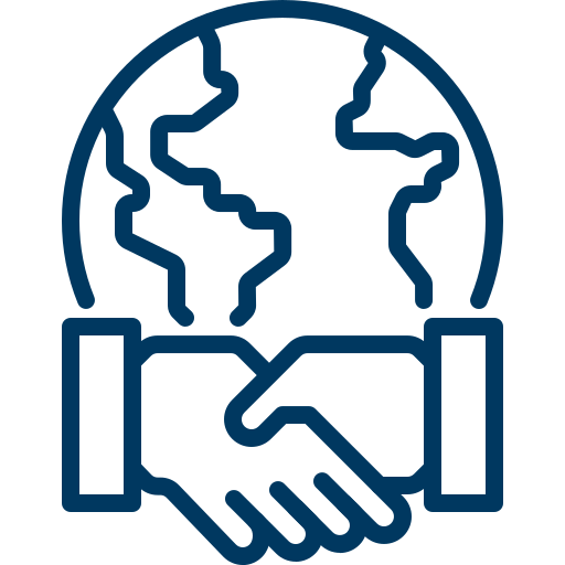 Outline of a globe with continents and two hands shaking in front of it.