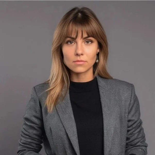 Portrait of Nino Chkuaseli with shoulder-length light brown hair, wearing a gray blazer over a black top, against a plain gray background.