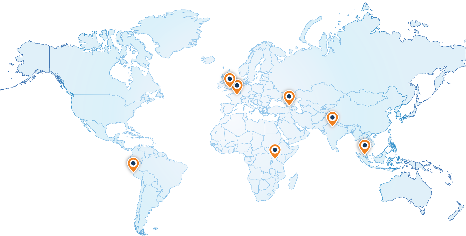 A world map highlighting multiple locations with orange map pins, including places in Europe, Asia, Africa, South America, and Australia.