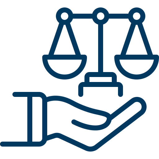 Icon of a hand holding the scales of justice, representing law or legal balance.