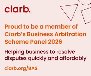 Ciarb logo with orange text promoting membership in Ciarb's Business Arbitration Scheme Panel 2026 and a website link, on a light background with geometric shapes.