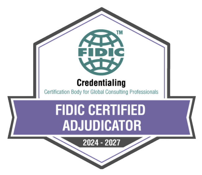 FIDIC Certified Adjudicator badge with a globe logo and accreditation dates 2024 to 2027.