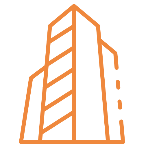 Outline of a multi-story modern building with a striped pattern on the front.