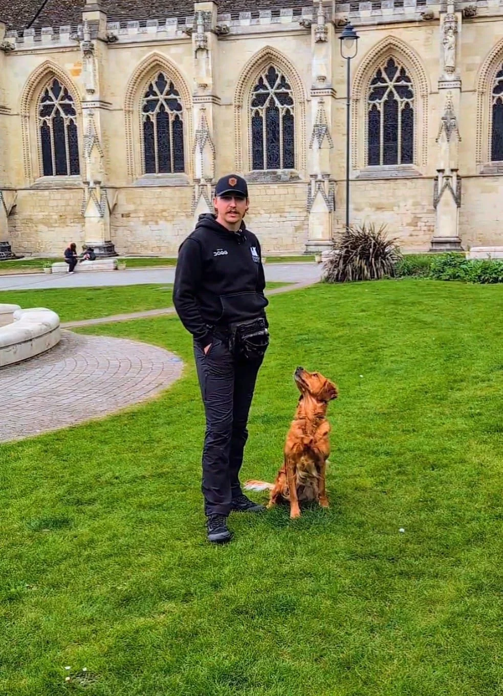 Dog training at gloucester cathedral in gloucester city centre with a working dog, a golden retreiver