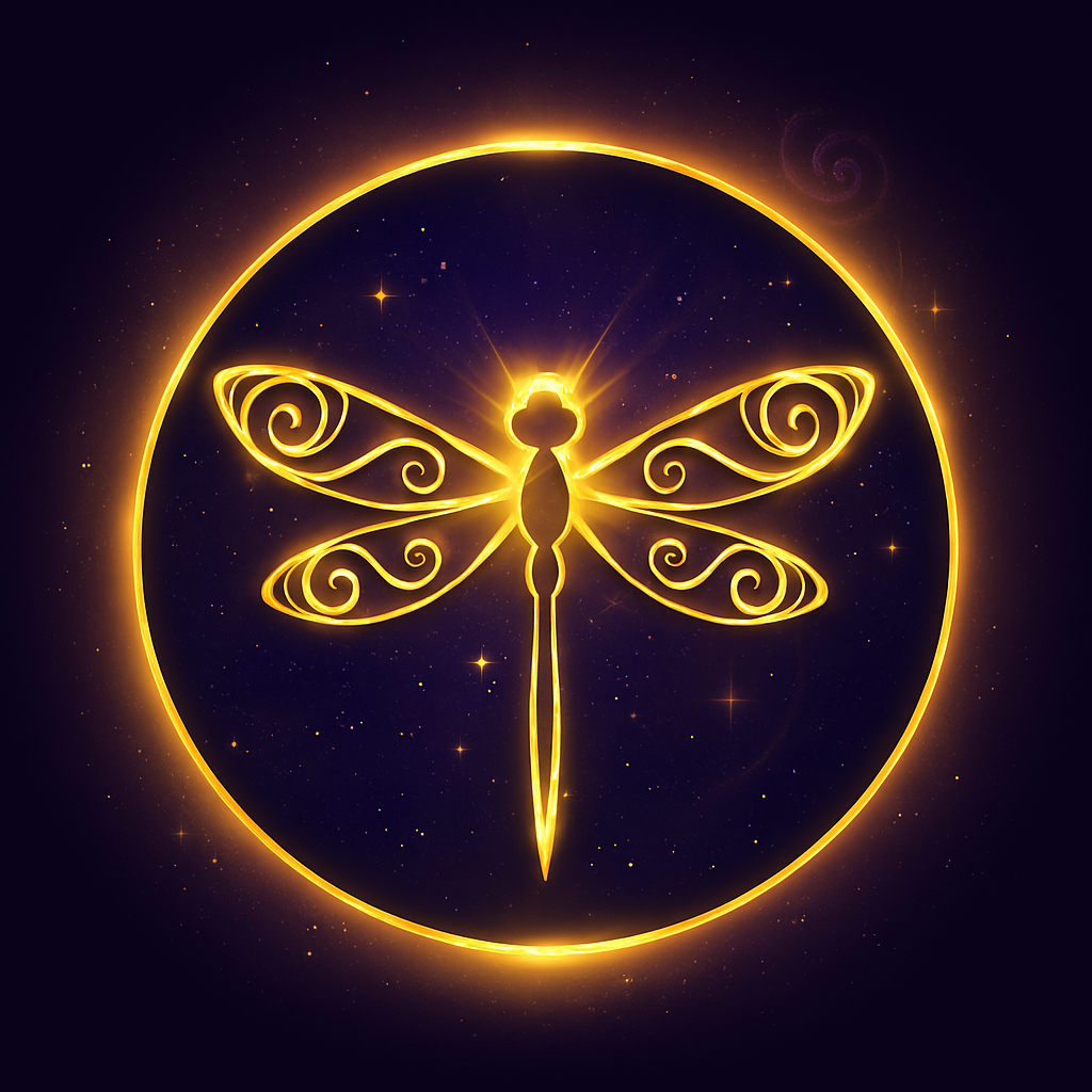 A glowing, golden outline of a dragonfly with intricately designed wings, enclosed within a glowing circle against a dark starry background.