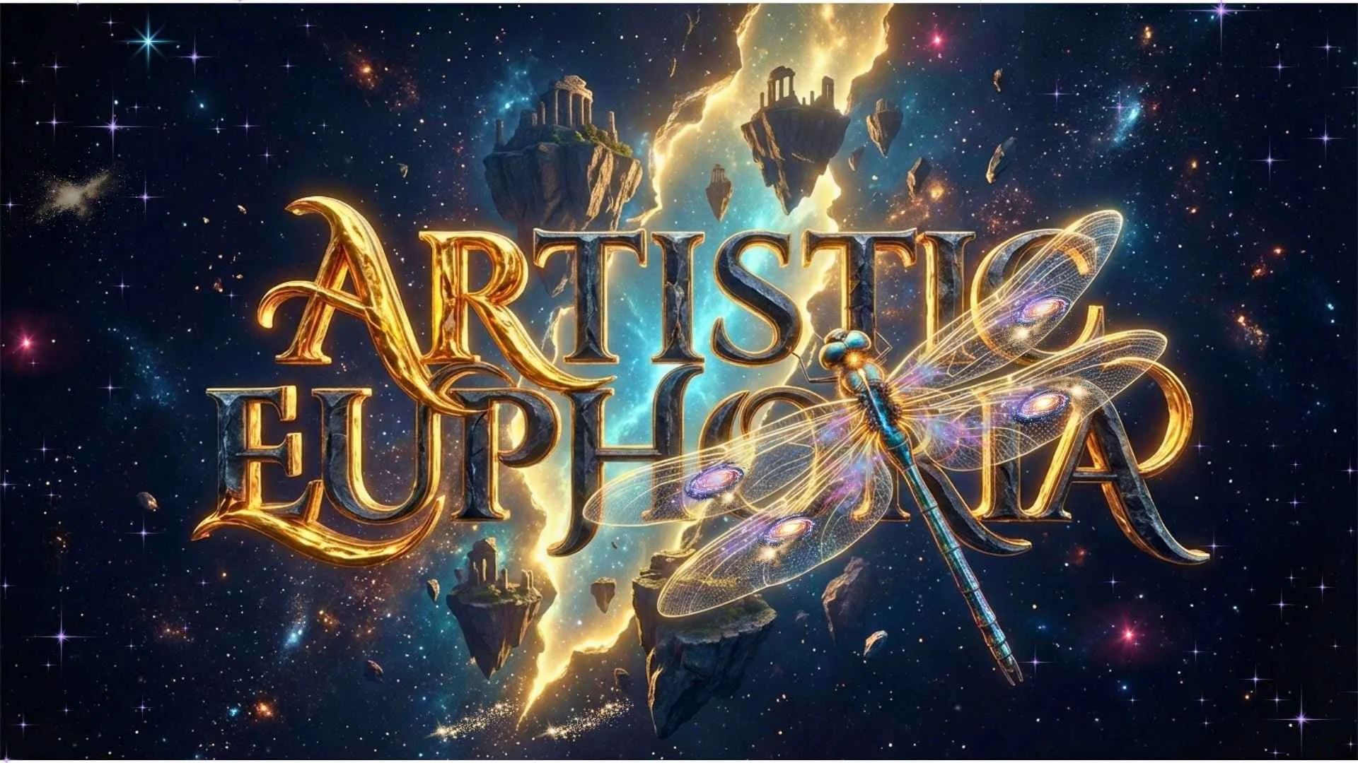 Fantasy cosmic scene with floating islands, stars, nebulae, and a glowing dragonfly with space-themed text reading 'ARTISTIC EUROPA' in gold and silver letters.