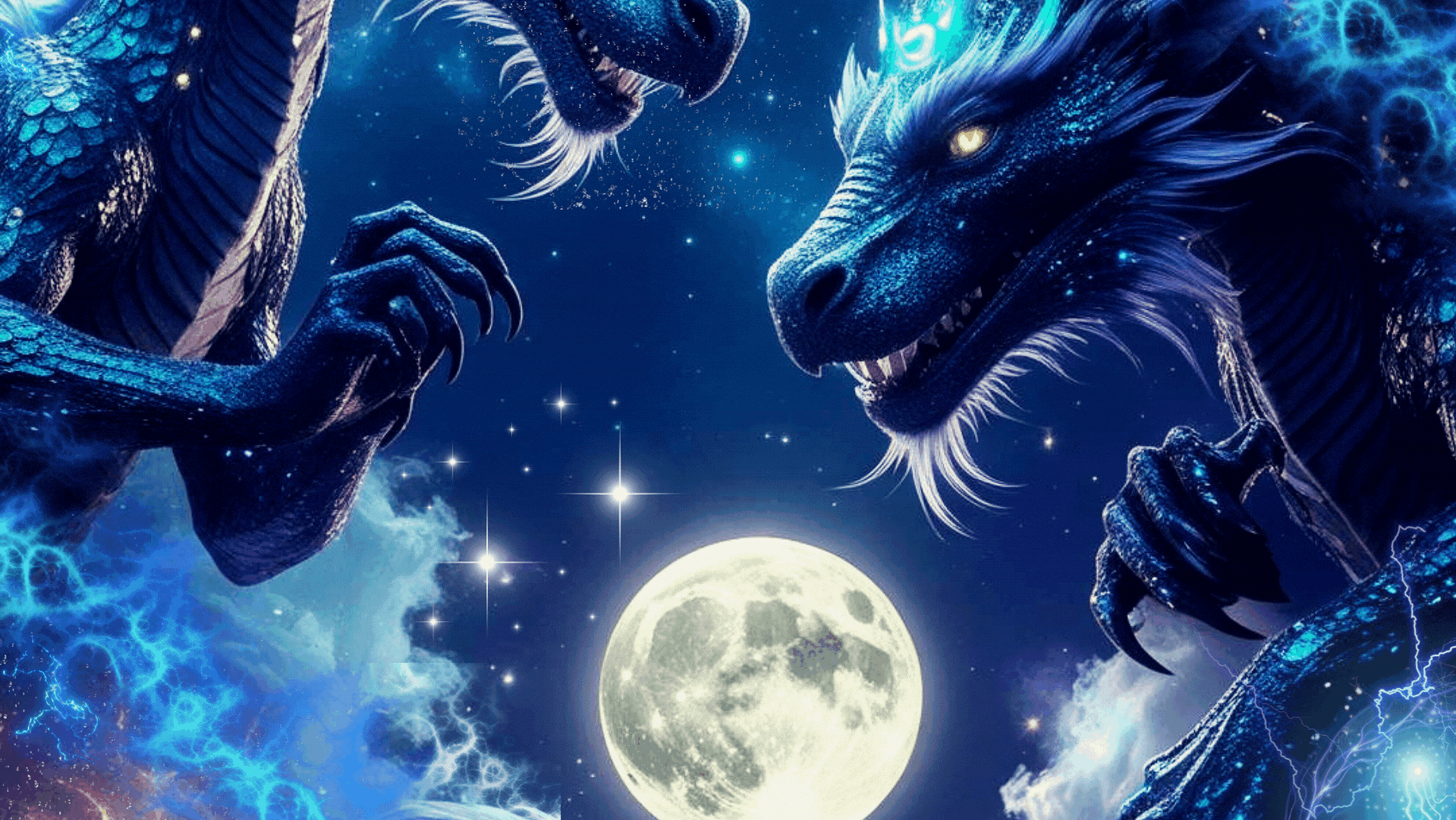 Fantasy scene of two large, blue, dragon-like creatures with glowing eyes and detailed scales, facing each other under a night sky with a full moon, stars, and lightning.