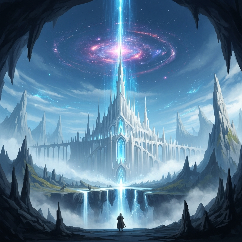 A fantasy digital painting of a grand icy castle with tall spires, surrounded by jagged mountains, with a figure standing in front of a waterfall that flows from the castle into a deep chasm. The sky is filled with stars and a luminous galaxy, with a
