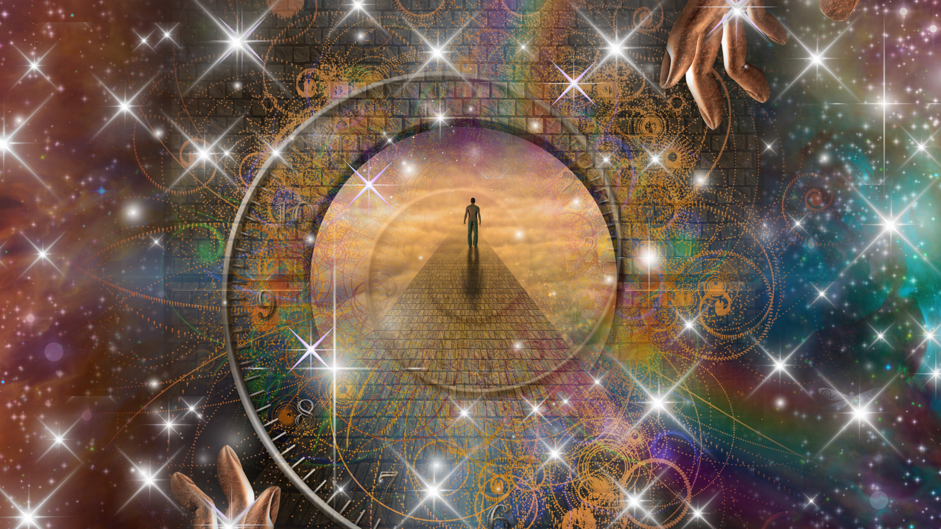 A person walking on a cobblestone path towards a glowing portal, surrounded by colorful cosmic and abstract patterns with stars and swirls.
