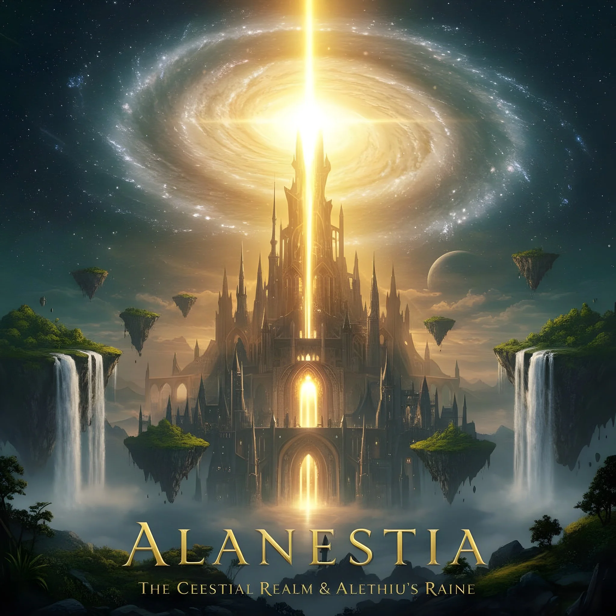 A fantasy illustration of a majestic castle floating on a cloud, with waterfalls cascading from floating islands, and a cosmic background featuring a galaxy, planet, and bright light beam. The title reads 'Alanstia: The Ceestial Realm & Aleithi's Raine'.