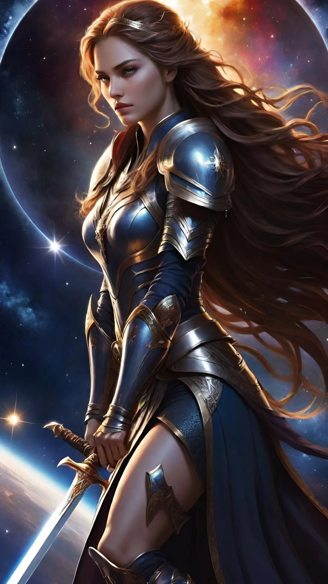 A female warrior with long flowing hair, wearing detailed blue and gold armor, holding a sword, with a cosmic background showing stars and planets.