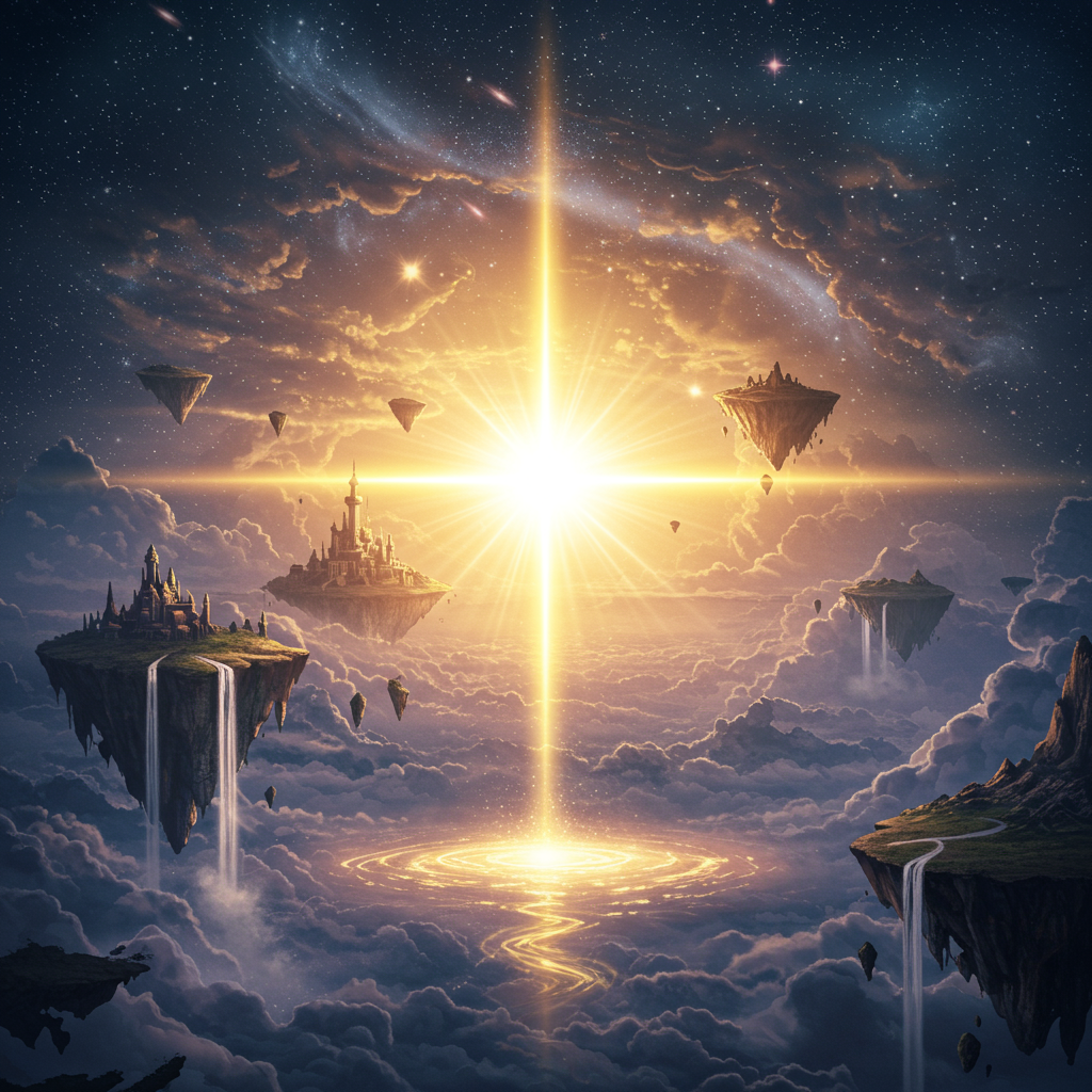 Fantasy scene of floating islands in the sky with waterfalls, castles, and a glowing central light source, set against a starry night sky.