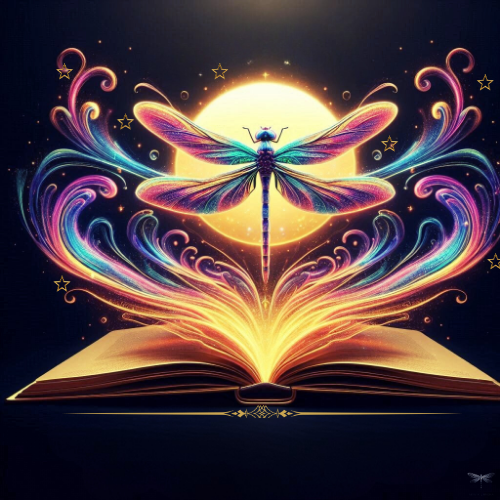 A glowing dragonfly with colorful, swirling wings flying above an open book, with a bright moon and stars in the background.