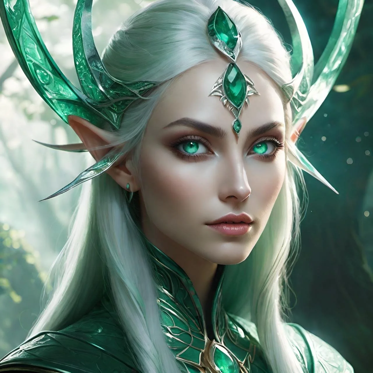 Fantasy elf woman with luminous teal eyes, silver hair, and elaborate green jewelry and armor in a mystical forest setting.