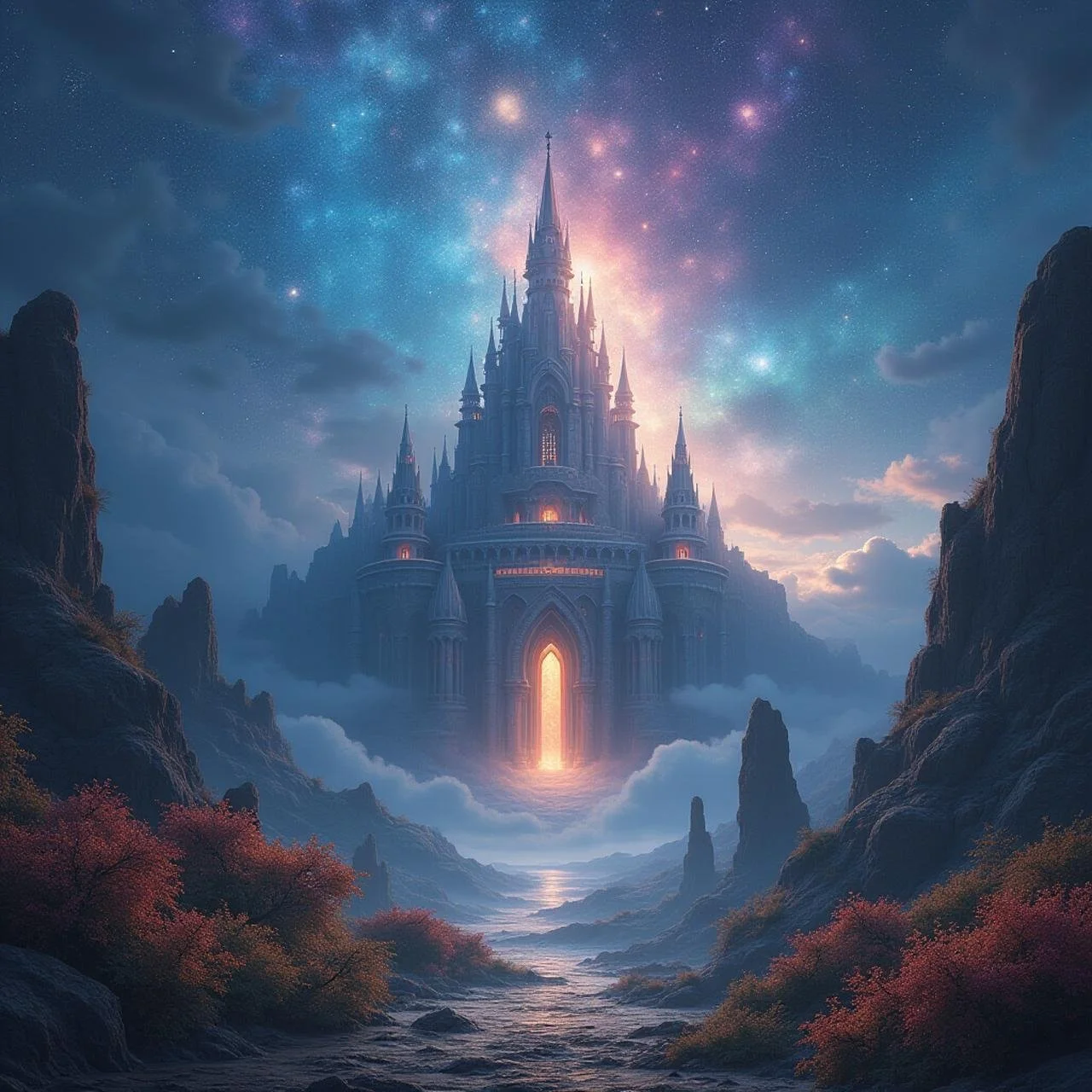A mystical castle on a floating island glowing with warm lights, surrounded by rugged cliffs and a misty river with autumn-colored trees, under a starry sky and a colorful galaxy.