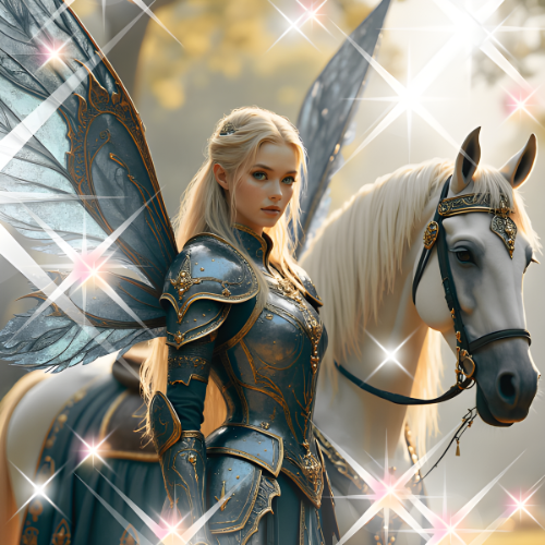 Fantasy scene with a woman dressed as an armored fairy with butterfly wings, riding a white horse with decorative gear, surrounded by sparkling effects.