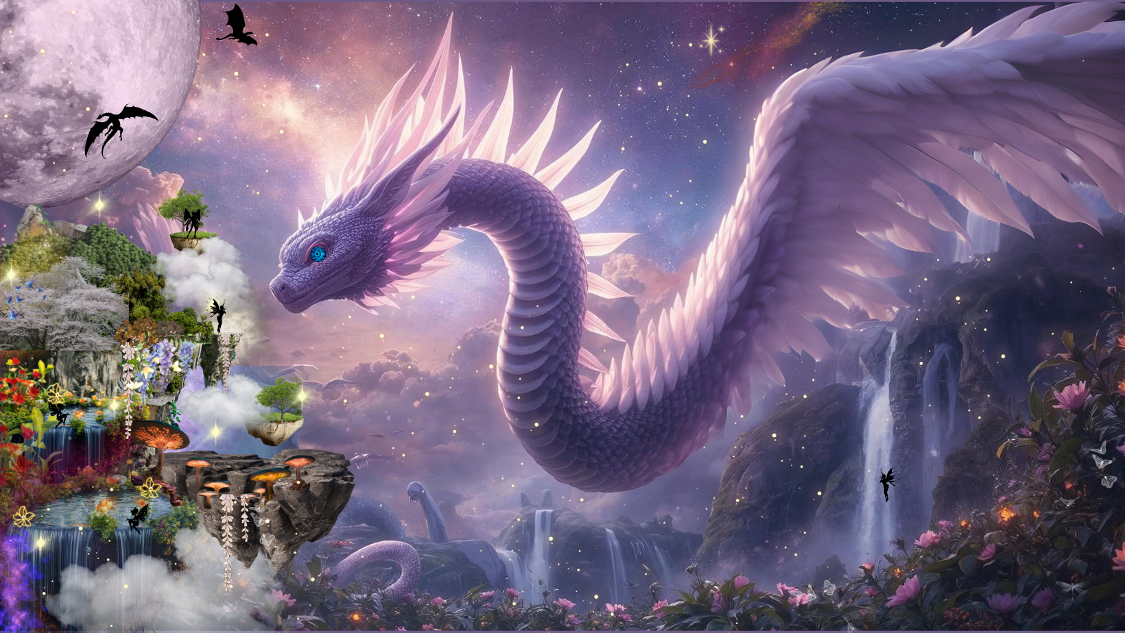 Fantasy scene featuring a giant, purple, dragon-like creature with large wings, glowing blue eye, and long neck flying in a colorful, magical landscape with floating islands, waterfalls, flowers, trees, fireflies, butterflies, and a large full moon i