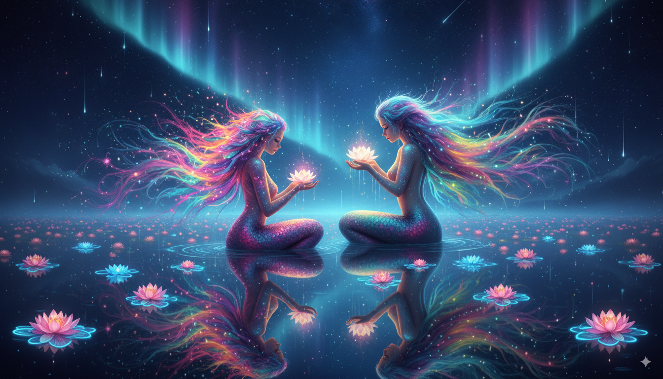 Two mermaids with flowing, rainbow-colored hair and sparkling tails sit in calm water, facing each other while holding glowing lotus flowers. The night sky above features the northern lights and shooting stars, with water lilies floating on the surfa