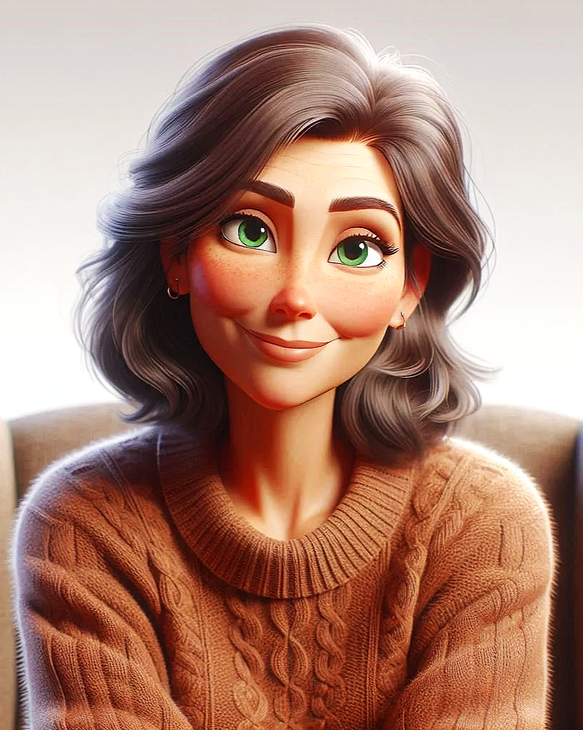 Cartoon woman with wavy gray hair, green eyes, wearing a brown cable-knit sweater, smiling, sitting inside.