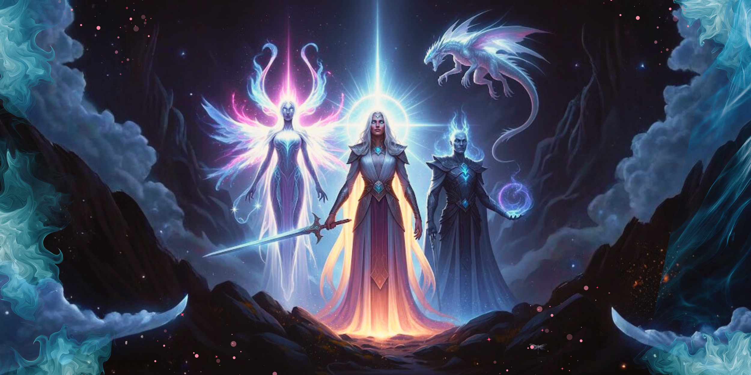 Fantasy scene featuring four powerful sorcerers or celestial beings standing on a rocky landscape with swirling clouds, glowing lights, and a mystical dragon flying above.