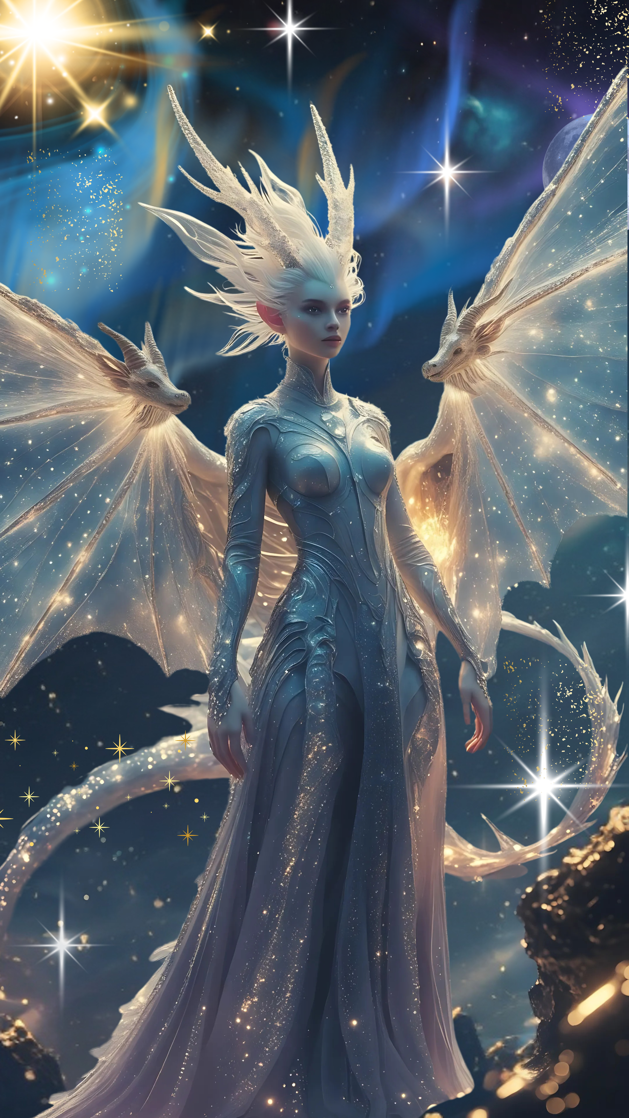 A fantastical scene features a humanoid figure with icy blue skin, elaborate icy and glowing armor, and long flowing hair adorned with horns. The figure has large, luminous, translucent wings with intricate patterns resembling dragonfly wings, set ag