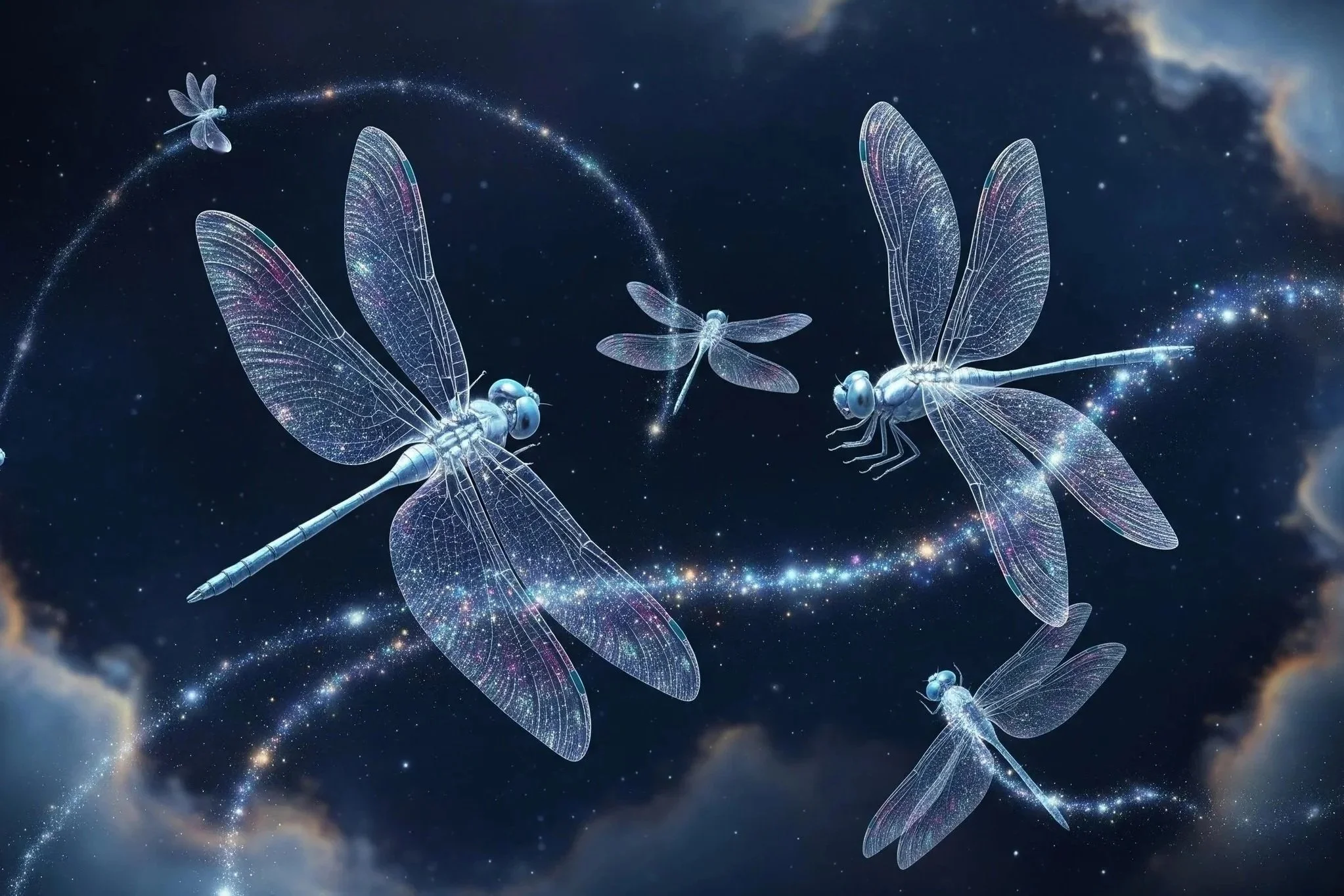 Digital illustration of glowing, semi-transparent dragonflies with intricate wing details flying in space among stars and celestial clouds.