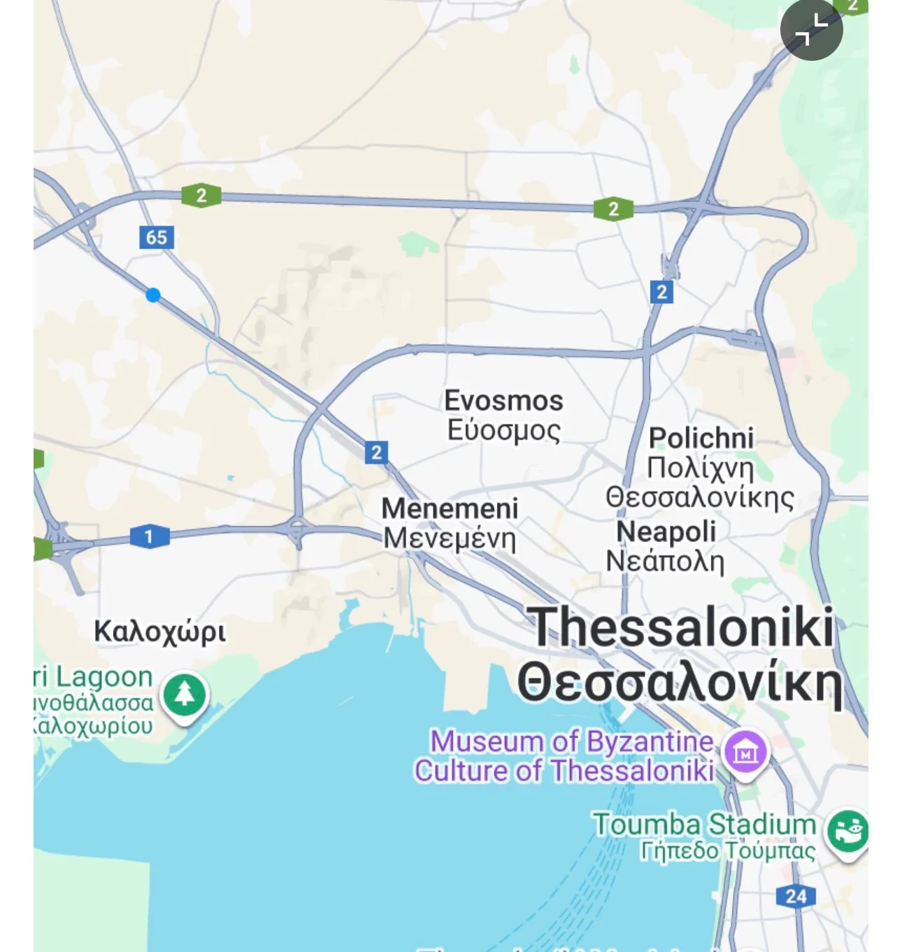 Karte von Thessaloniki, Griechenland, mit Stadtteilnamen, Autobahnen, Museum und Stadion