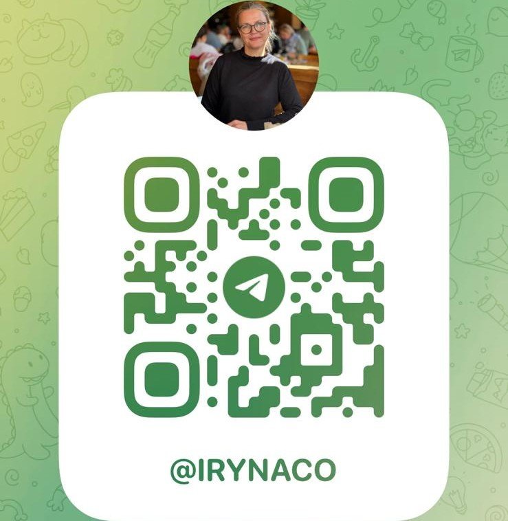 QR-Code mit einem Telegram-Logo in der Mitte und dem Benutzernamen @IRYNACO darunter, oben ein Profilbild einer Frau mit Brille und schwarzen Top vor einem Hintergrund mit Kinderbildern.