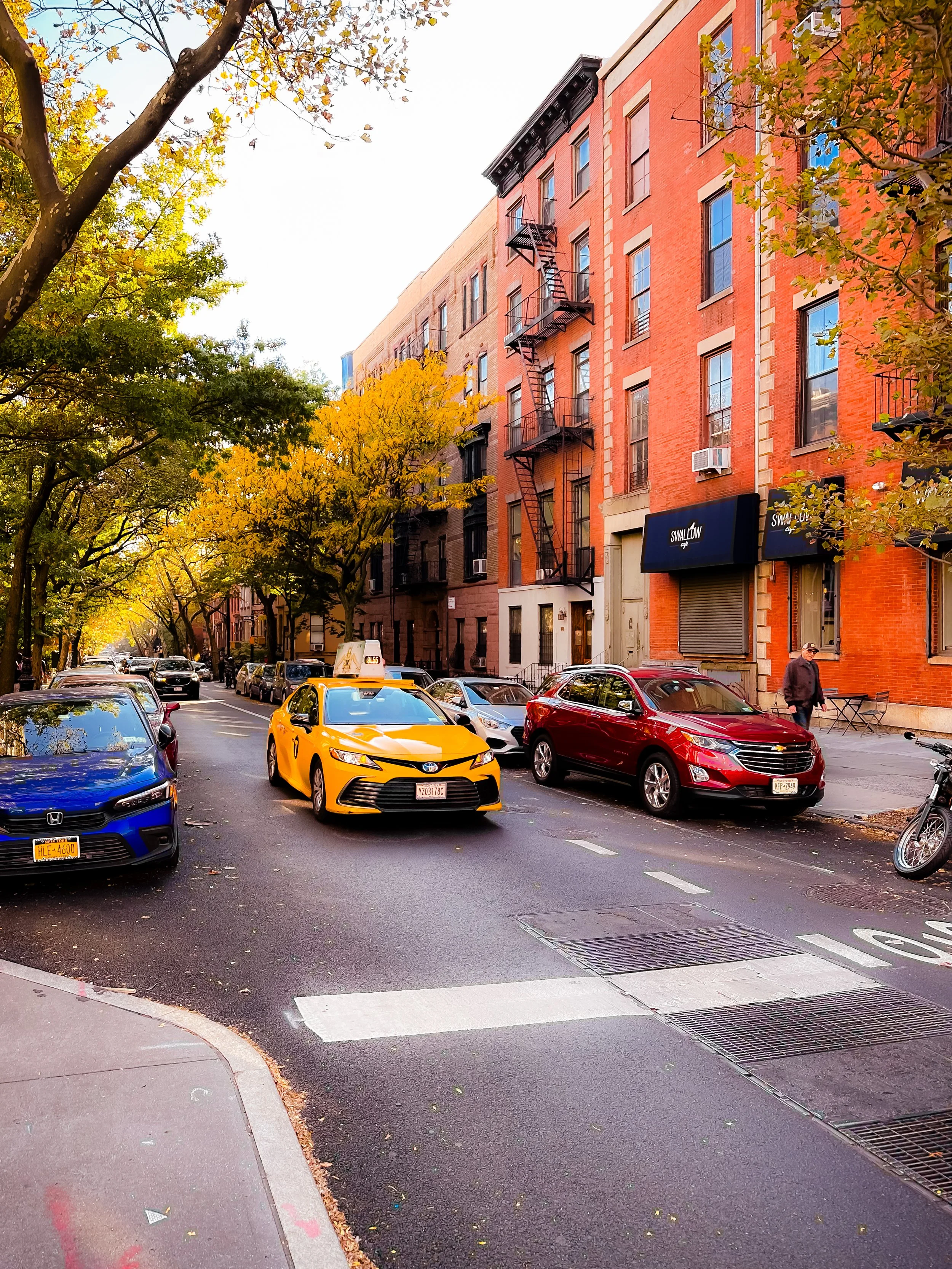 City street with parked cars and trees with fall foliage, brick buildings with fire escapes, and a pedestrian walking.