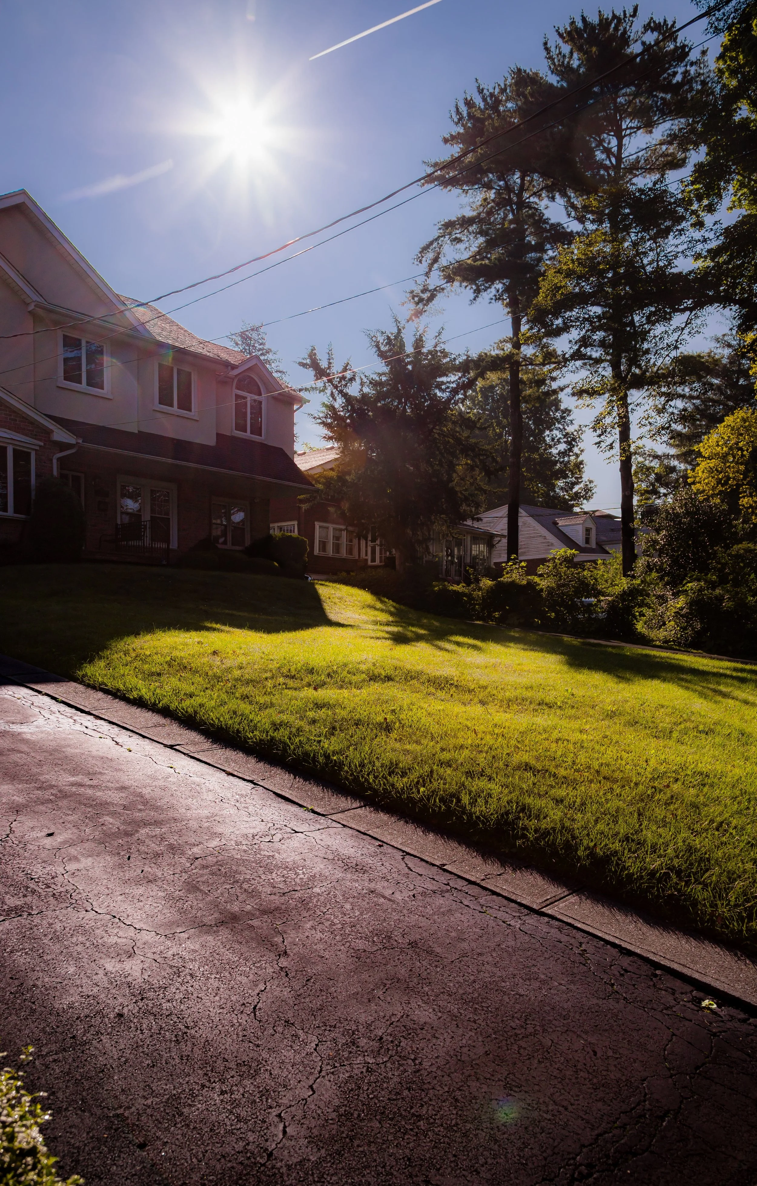 Sunny residential neighborhood with a house, lush green lawn, tall trees, and a bright sun in a clear blue sky.
