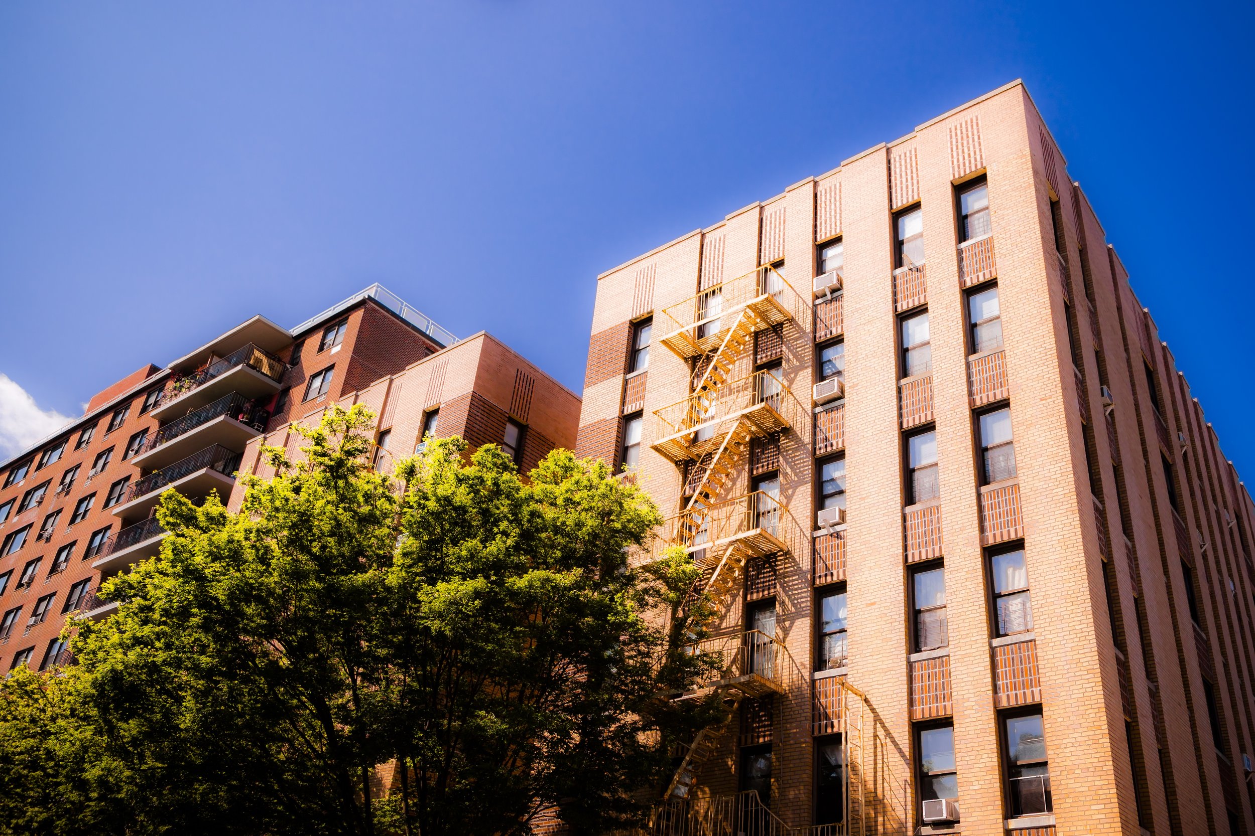 A tall brick apartment building with fire escapes on the side, under a clear blue sky, with green trees in front.
