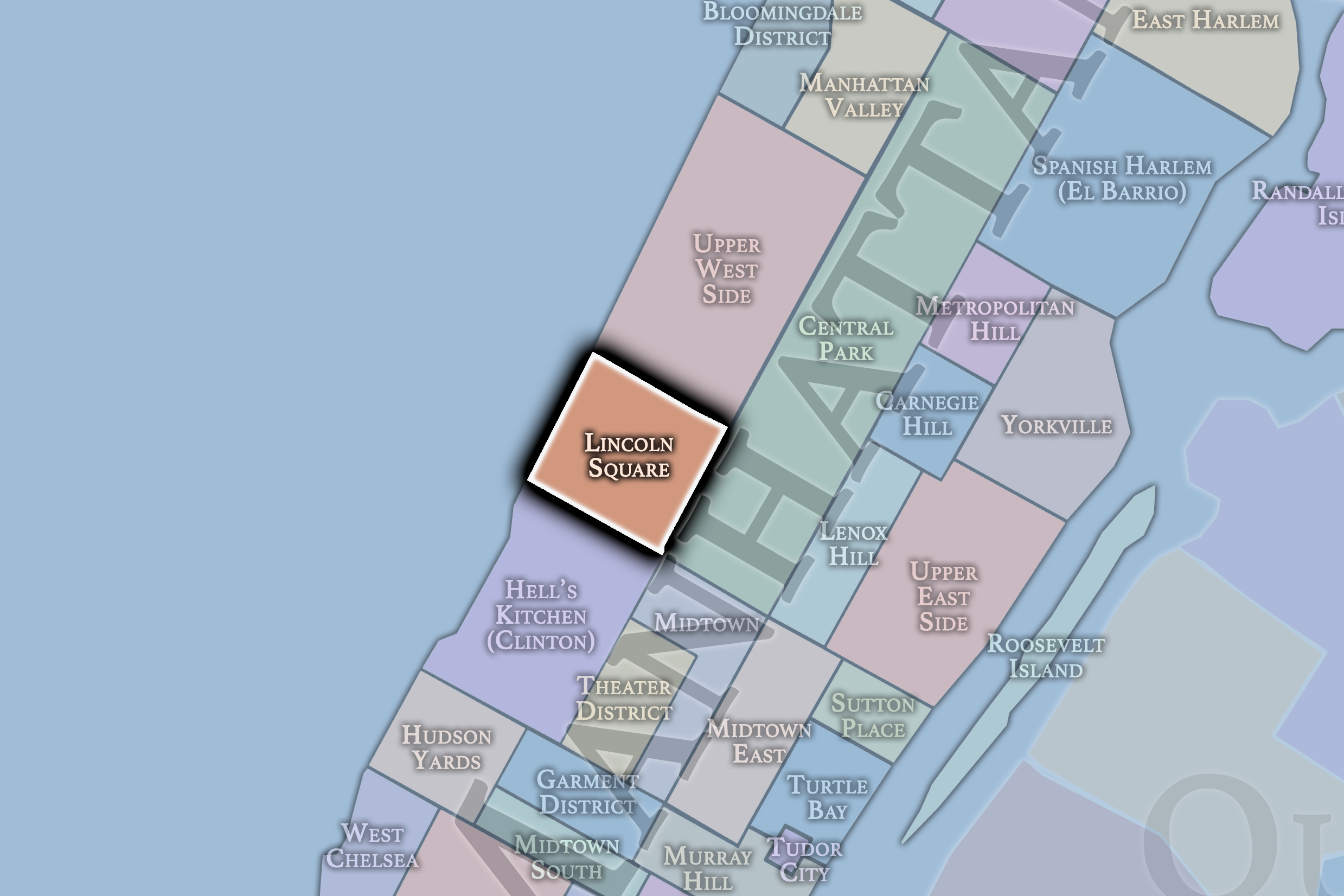 Map of New York City neighborhoods with Lincoln Square highlighted.