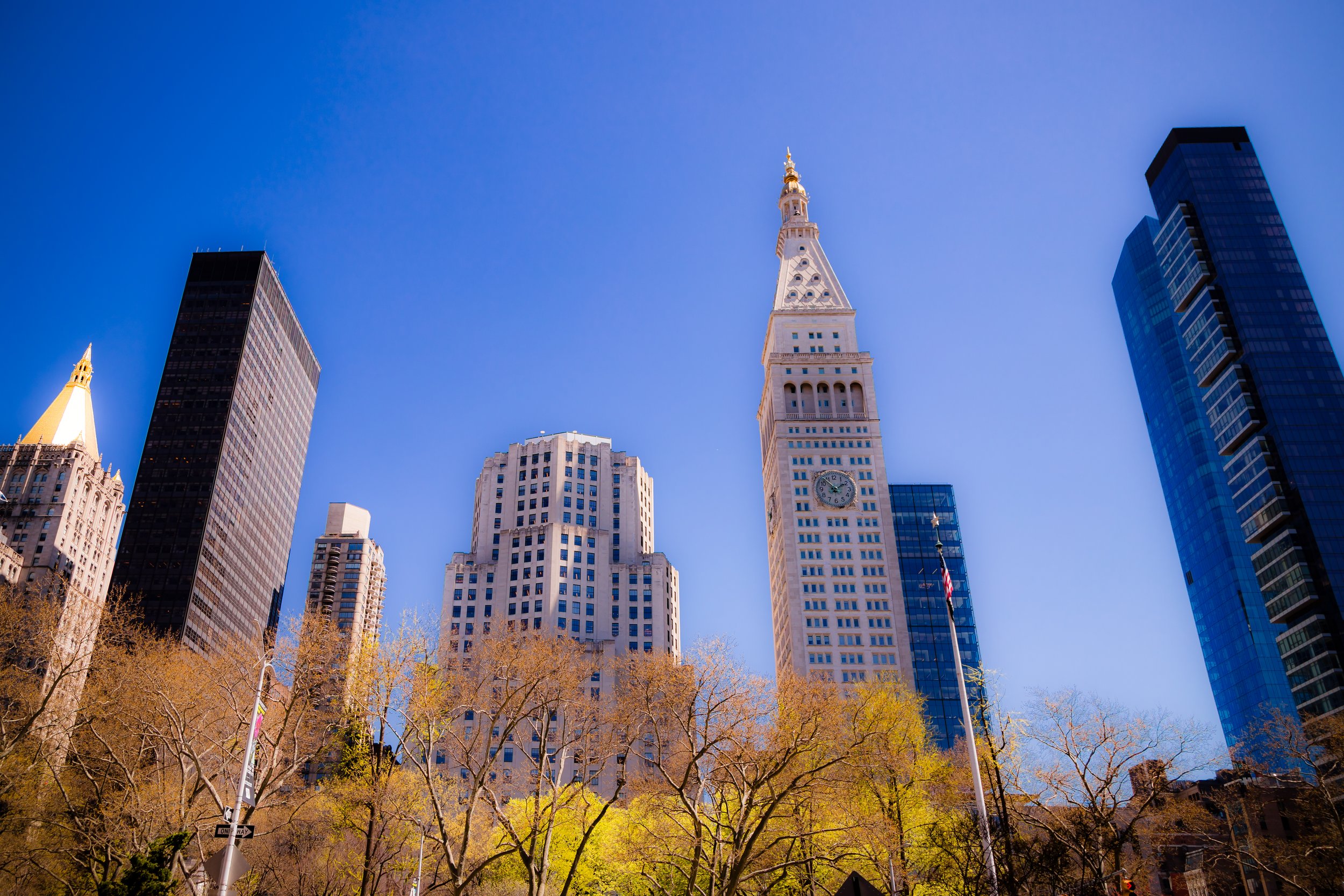 View of city skyscrapers including the tall clock tower of the Metropolitan Life Insurance Company Building in New York City, with trees in the foreground, blue sky backdrop.