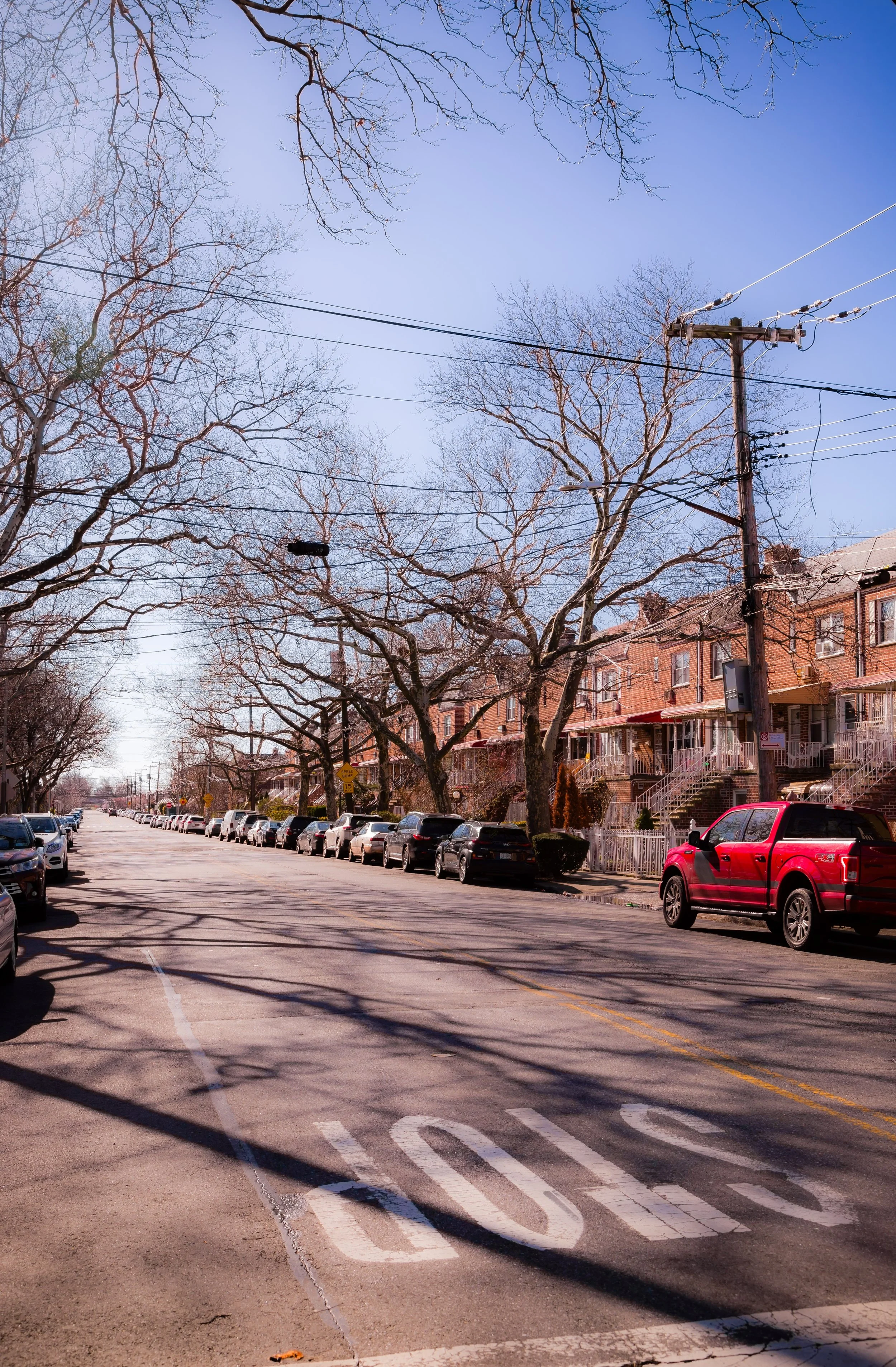 A residential street scene with parked cars along both sides, leafless trees casting shadows on the asphalt, a stop sign, and rows of brick houses with porches under a clear blue sky.