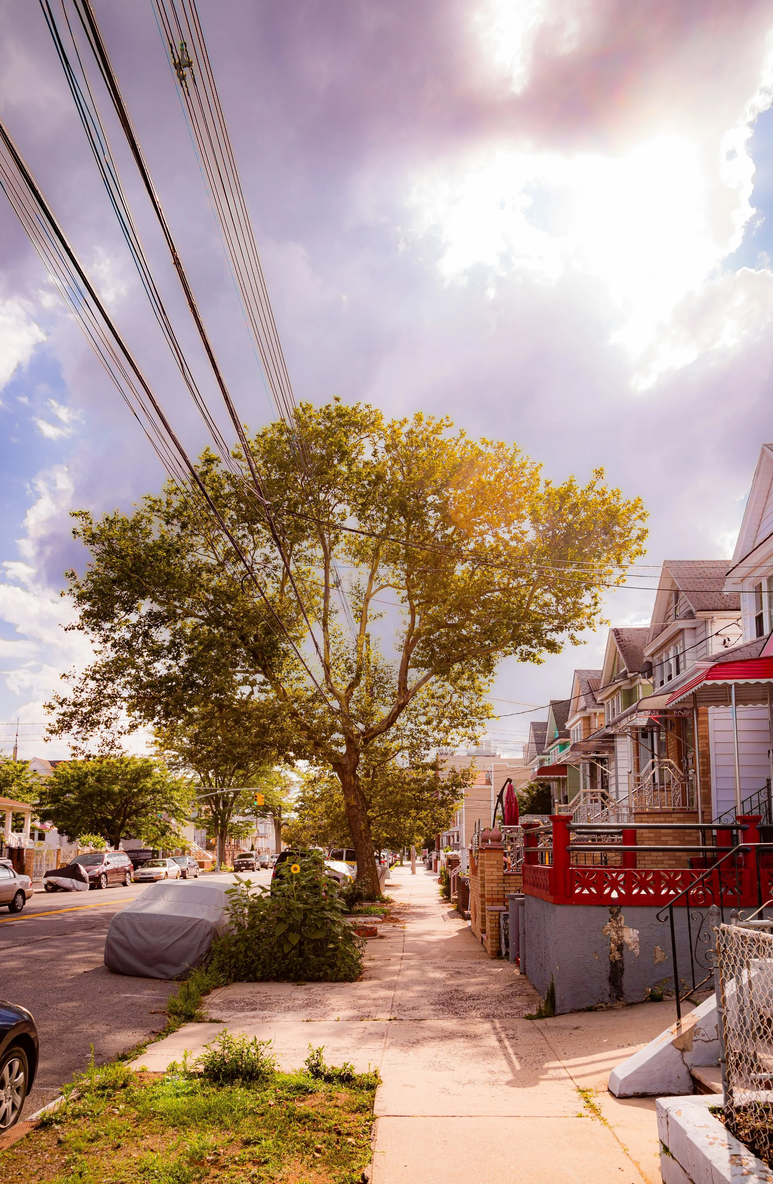Residential street with parked cars, trees, row of houses with front porches, power lines, and a partly cloudy sky.