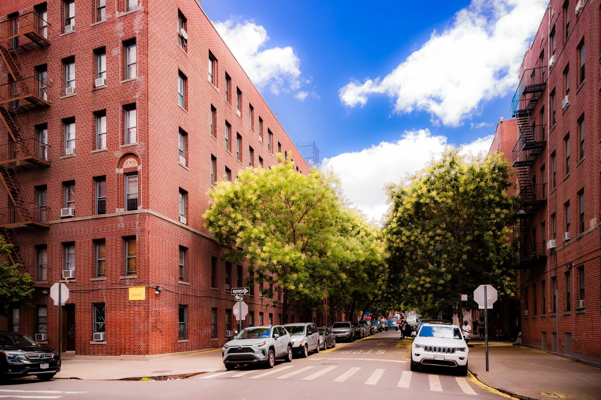 A street view featuring red brick buildings, parked cars, trees with green foliage, street signs, and a partly cloudy sky.