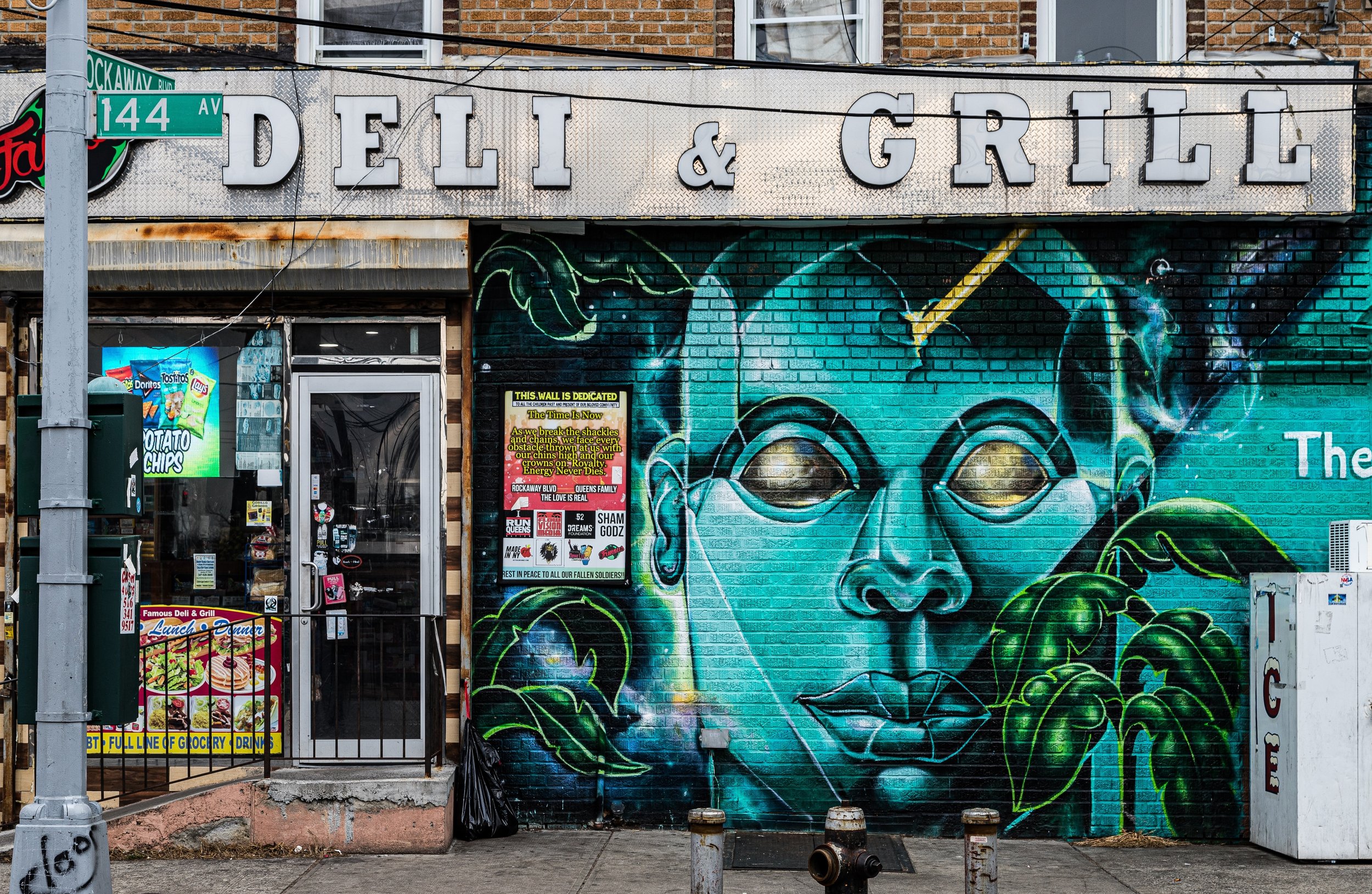 Street view of a restaurant named 'Deli & Grill' with a large street art mural of a woman's face with leafy background on the brick wall. There is a store entrance with various stickers and signs, a sidewalk, and traffic poles.