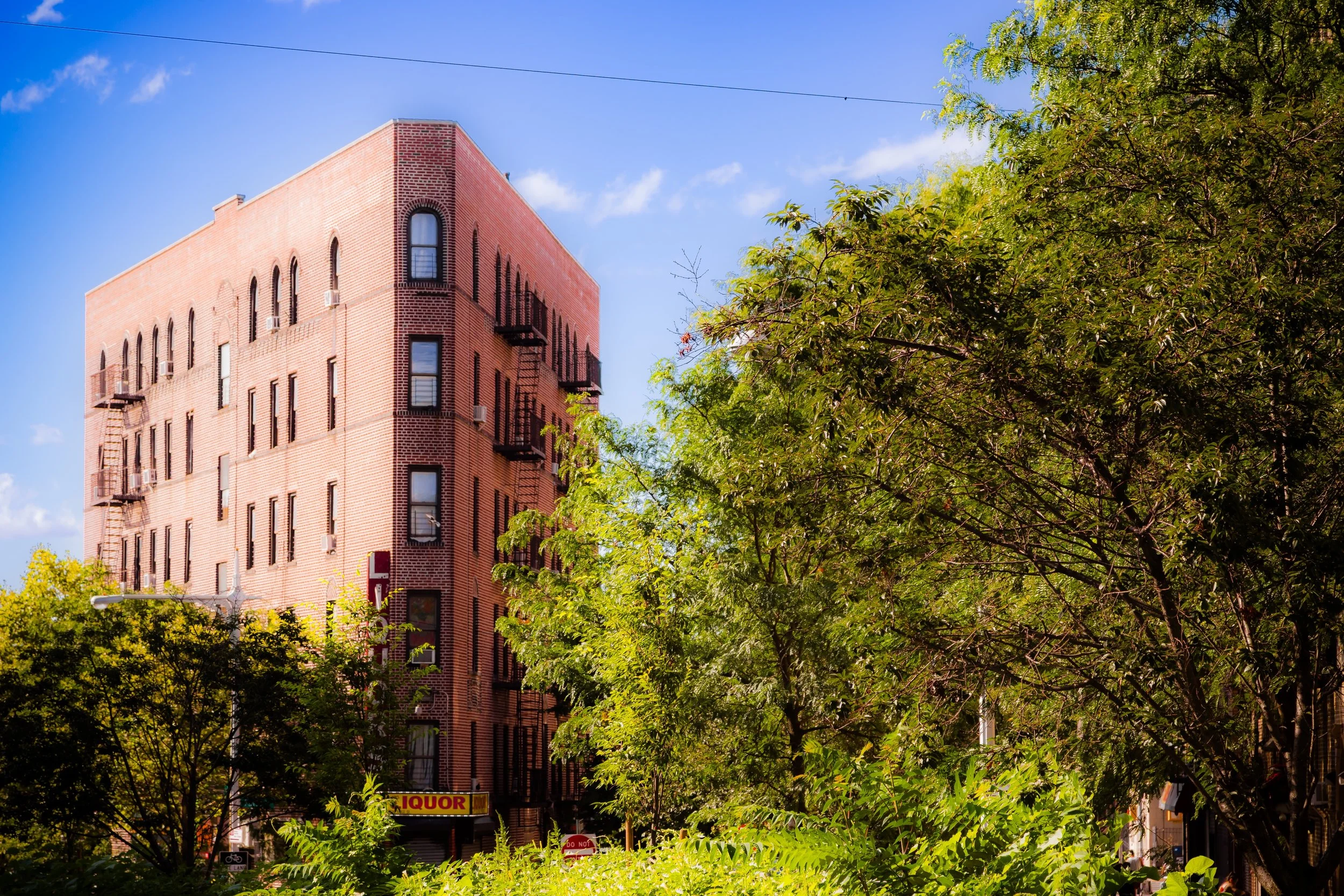 Red brick building with fire escape stairs on the exterior, surrounded by green trees and bushes, under a blue sky with some clouds.