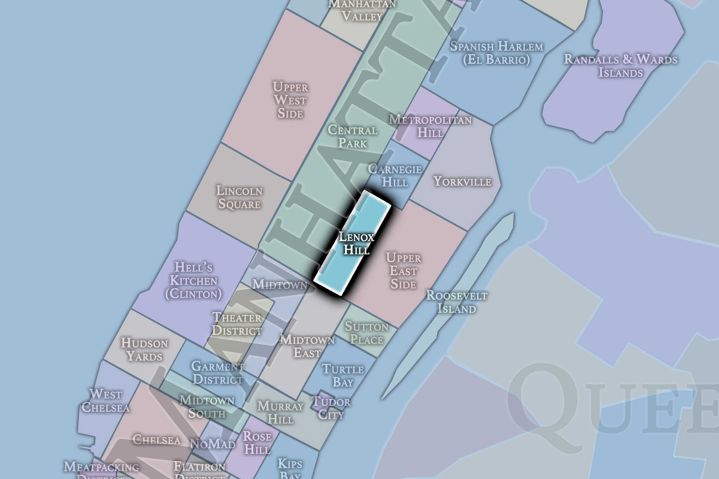 Map of Manhattan neighborhoods, highlighting Lenox Hill in light blue with surrounding areas in different colors.