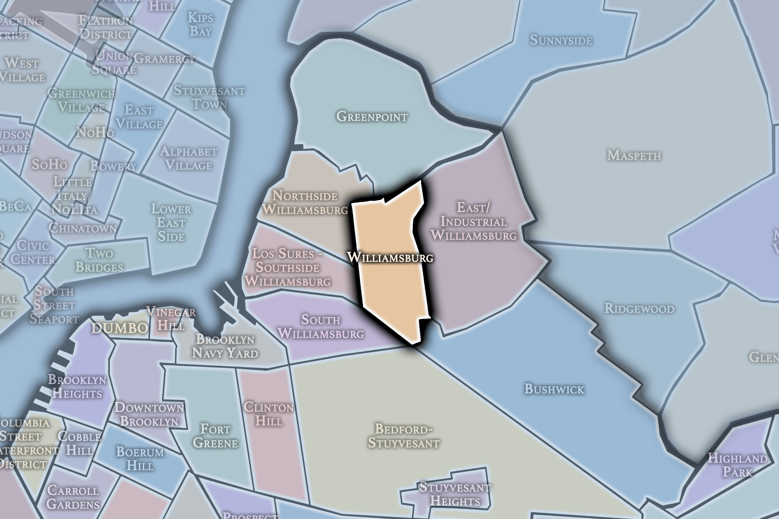 Map showing boroughs of Williamsburg, Northside Williamsburg, Los Sures - Southside Williamsburg, South Williamsburg, DUMBO, Brooklyn Navy Yard, Bedford-Stuyvesant, Clinton Hill, Fort Greene, Boerum Hill, Cobble Hill, Downtown Brooklyn, Brooklyn Heights, Vinegar Hill, and surrounding neighborhoods in Brooklyn, New York.