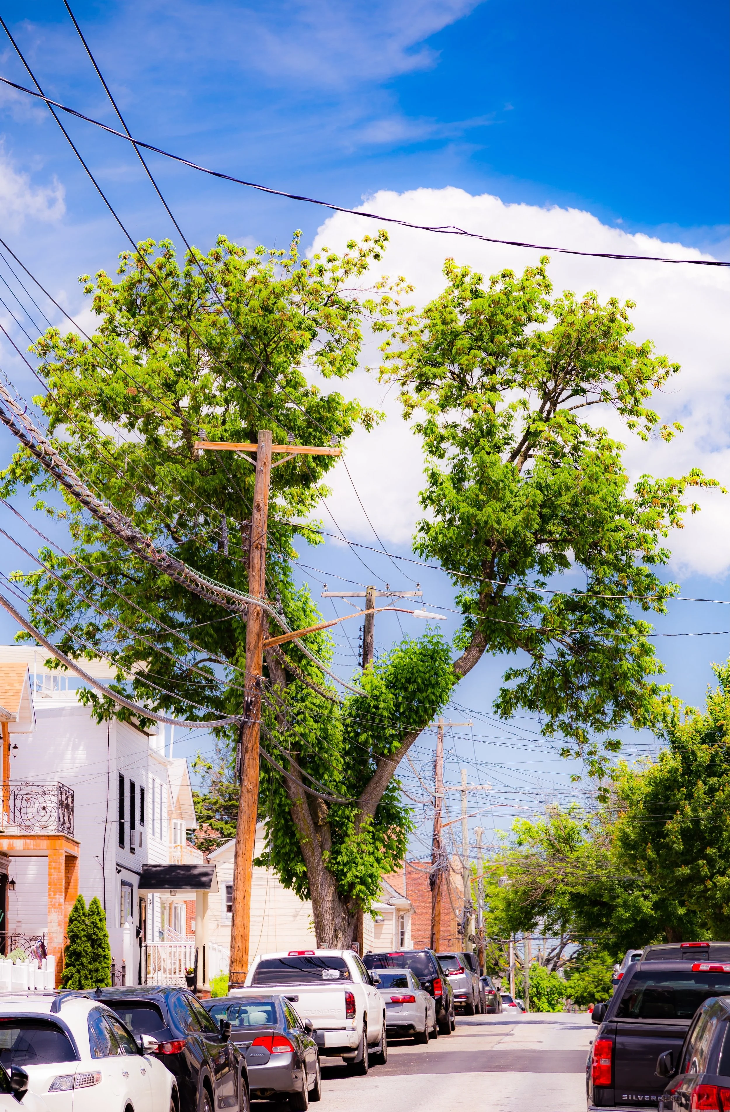 A residential street with parked cars, utility poles, and trees under a blue sky with clouds.