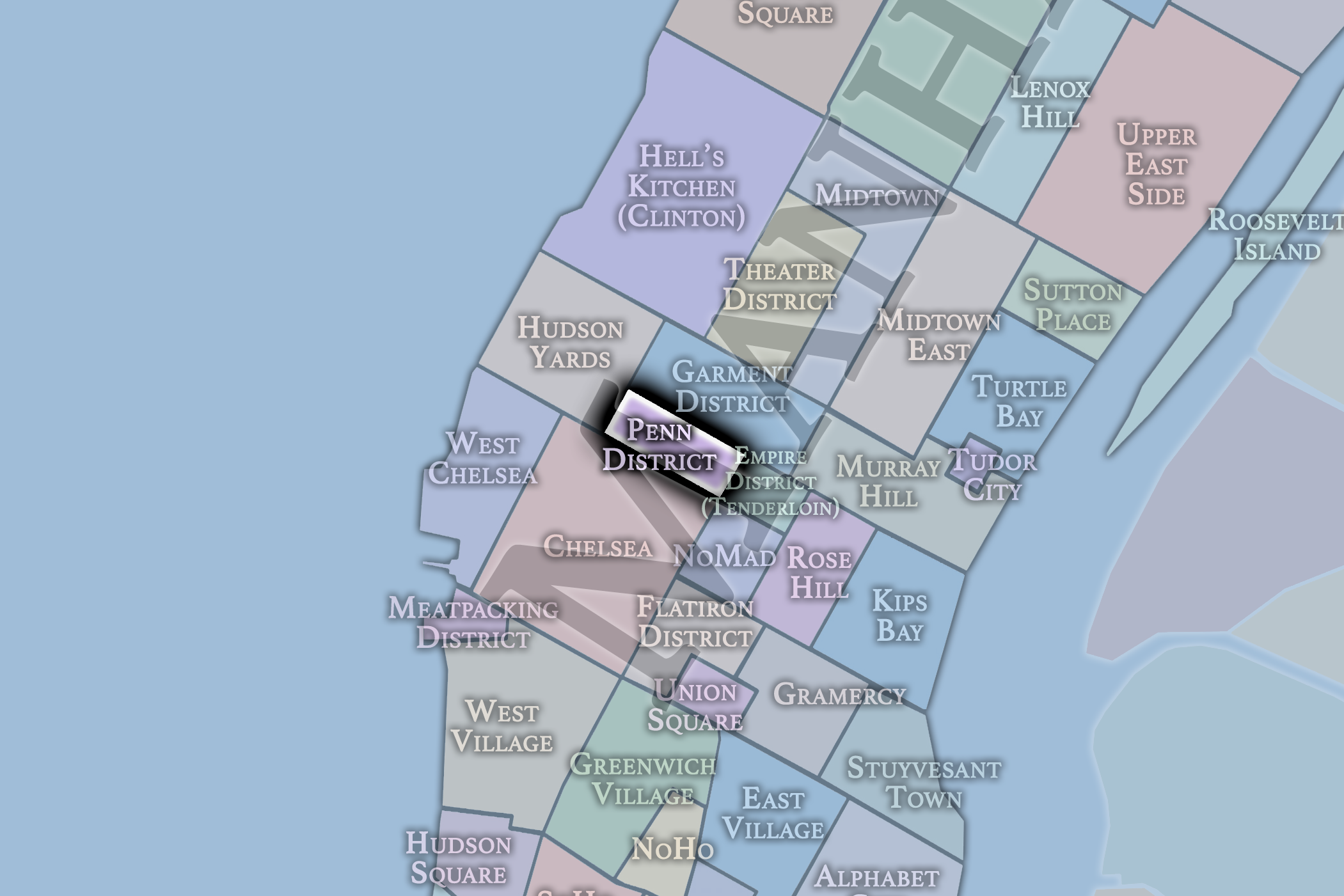Map of Manhattan showing neighborhoods such as Penn District, Garment District, Chelsea, Meatpacking District, Union Square, East Village, Greenwich Village, and others, with coastlines on the left.
