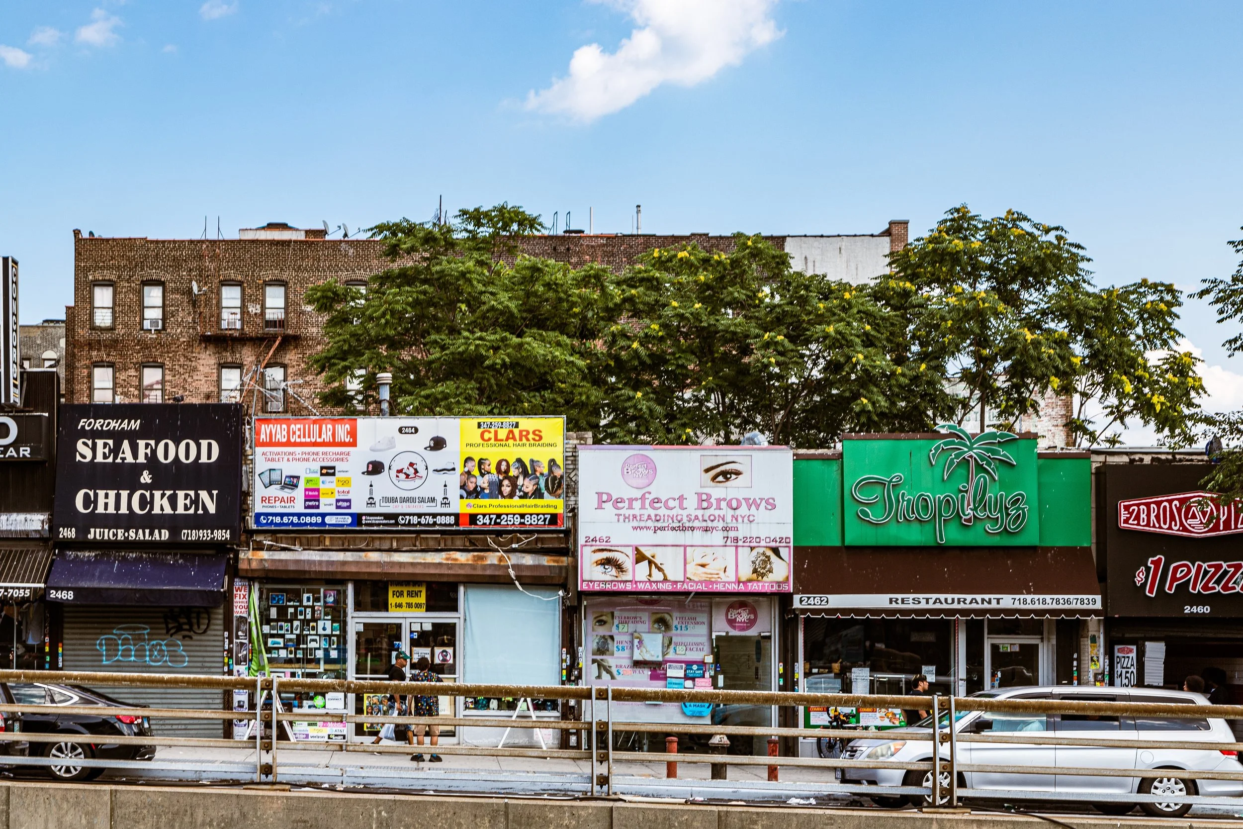 Street view of commercial buildings with various signs, including a seafood and chicken restaurant, cell phone repair shops, a salon, and a pizza place, with parked cars and people walking on the sidewalk, trees in the background, under a partly cloudy sky.